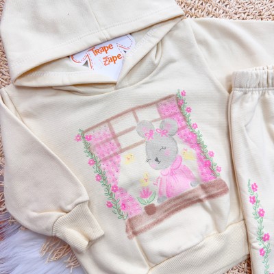 Conj. Blusa de Moletom com Capuz Ratinha e Calça com Flores - Areia